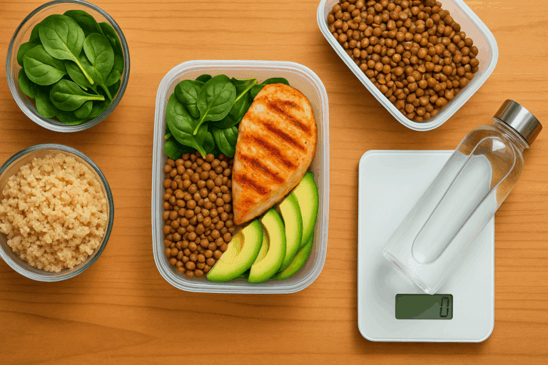 Grilled salmon with quinoa, leafy greens, and avocado arranged in a meal prep container—example of low calorie high protein meals for weight loss.