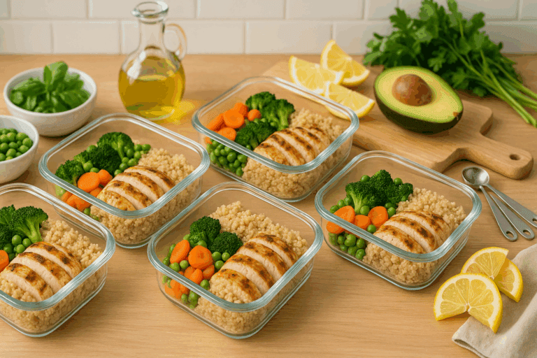 Freshly prepared easy low calorie meal prep containers with grilled chicken, quinoa, and vegetables arranged on a modern kitchen counter
