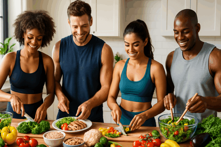 Colorful meal prep containers filled with protein, vegetables, and whole grains on a kitchen counter, visually representing eating for a lean body.