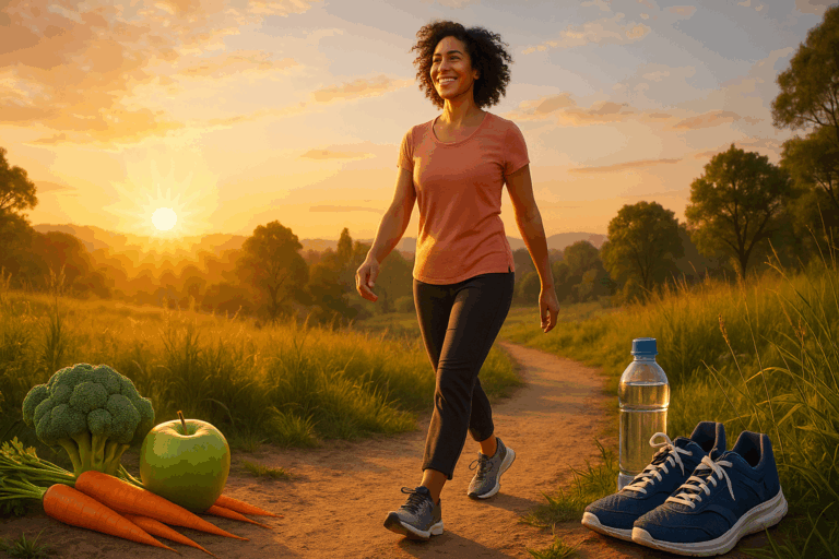 Healthy adult walking at sunrise with fresh produce and fitness gear, symbolizing how to lose weight fast through balanced lifestyle choices