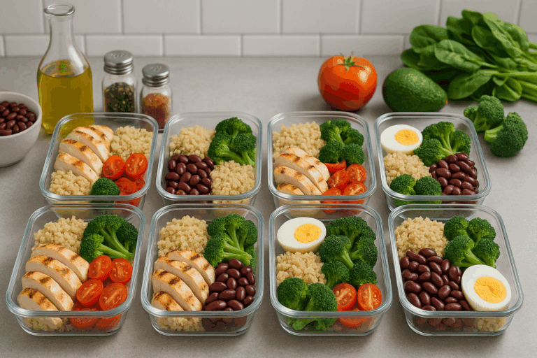 Grilled chicken, roasted vegetables, quinoa, and legumes neatly portioned into containers on a kitchen counter for high protein meal prep