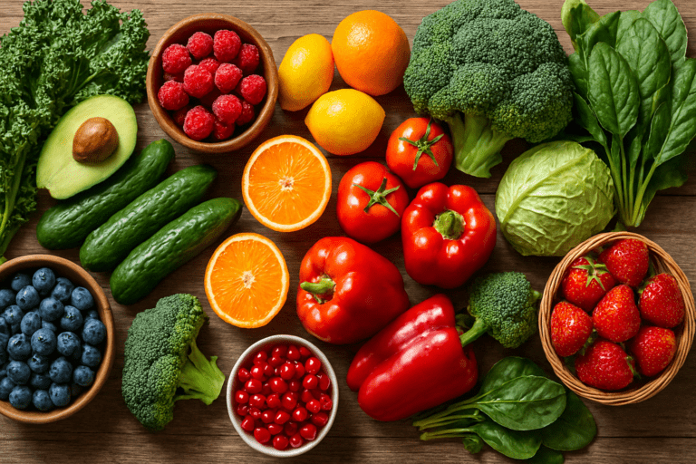 "Variety of the top fruits and vegetables for weight loss displayed in a colorful bowl, including leafy greens, berries, and citrus fruits."