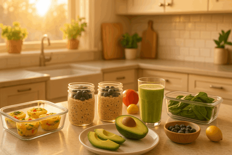 Meal prep containers filled with a high protein make ahead breakfast including egg muffins, overnight oats, and Greek yogurt parfaits on a kitchen counter.