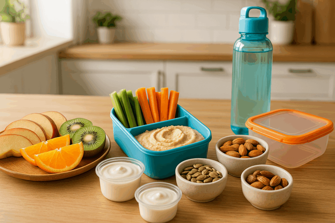 Healthy assortment of whole food snacks on the go, including fruits, nuts, and protein-rich options neatly packed in reusable containers on a kitchen counter
