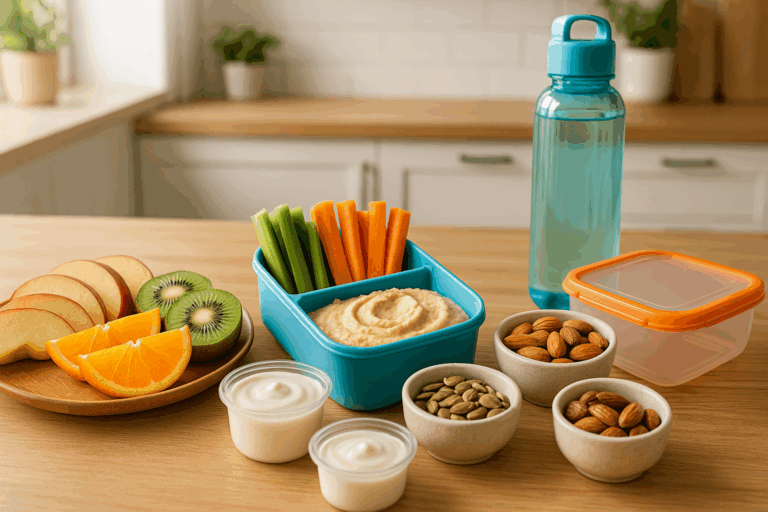 Healthy assortment of whole food snacks on the go, including fruits, nuts, and protein-rich options neatly packed in reusable containers on a kitchen counter