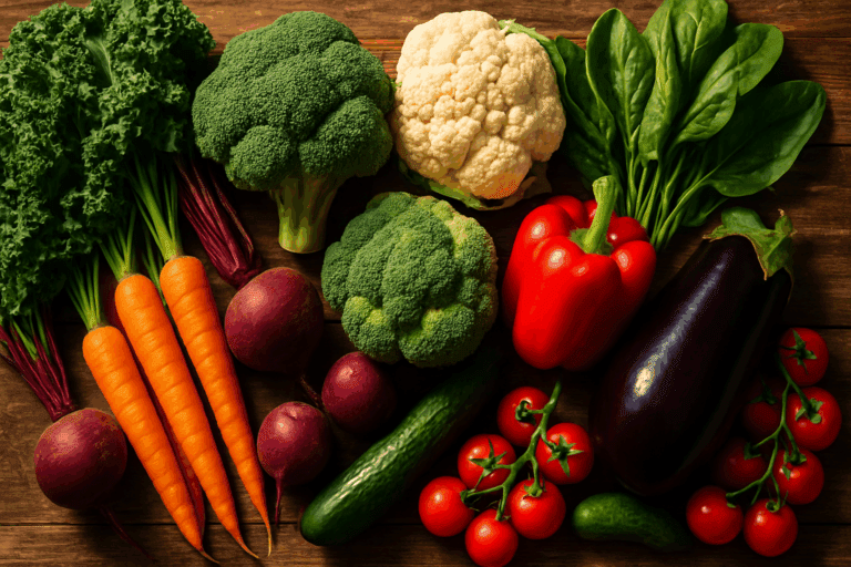 Colorful assortment of fresh produce including leafy greens, root vegetables, and cruciferous varieties, visually representing what are the vegetables recommended for daily nutrition