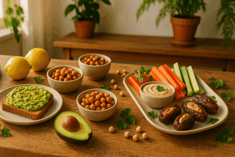 Colorful assortment of quick vegetarian snacks including avocado toast, roasted chickpeas, nut-stuffed dates, and fresh veggie sticks arranged on a rustic kitchen table.