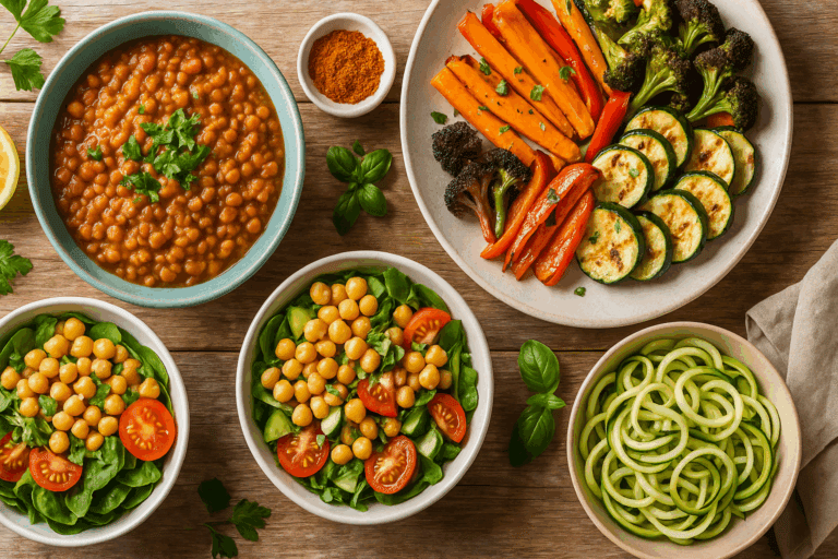 Colorful spread of vegetarian meals for weight loss including lentil stew, chickpea salad, and zucchini noodles arranged on a rustic table.