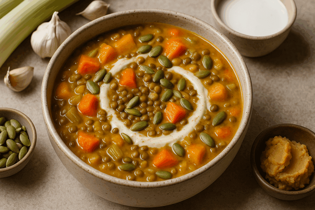 Steaming bowls of cozy vegan soups surrounded by fresh autumn vegetables like squash, kale, and carrots on a rustic wooden table.