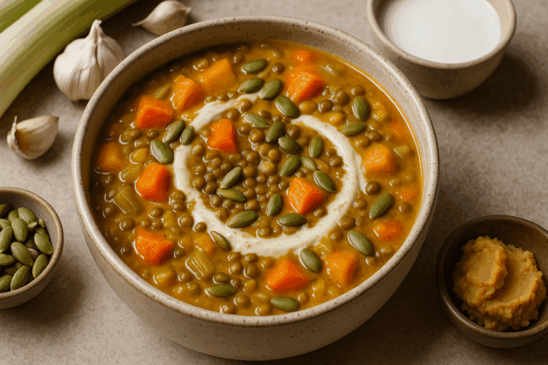 Steaming bowls of cozy vegan soups surrounded by fresh autumn vegetables like squash, kale, and carrots on a rustic wooden table.