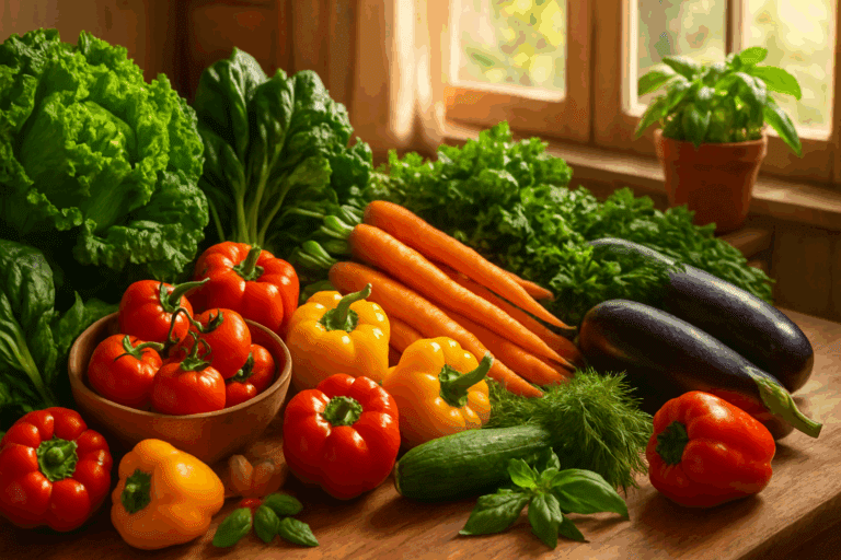 Colorful kitchen table with fresh produce like kale, carrots, and zucchini arranged for preparing vegetable based meals
