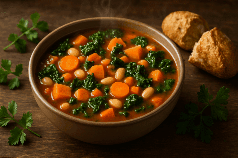 Steaming bowl of colorful vegetable soup with kale, carrots, beans, and herbs, showcasing hearty vegan soup recipes perfect for a plant-based lifestyle.