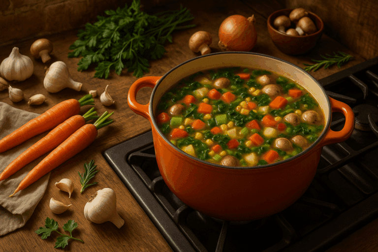 Colorful pot of simmering vegan soup base surrounded by fresh carrots, onions, mushrooms, garlic, and herbs in a cozy rustic kitchen.