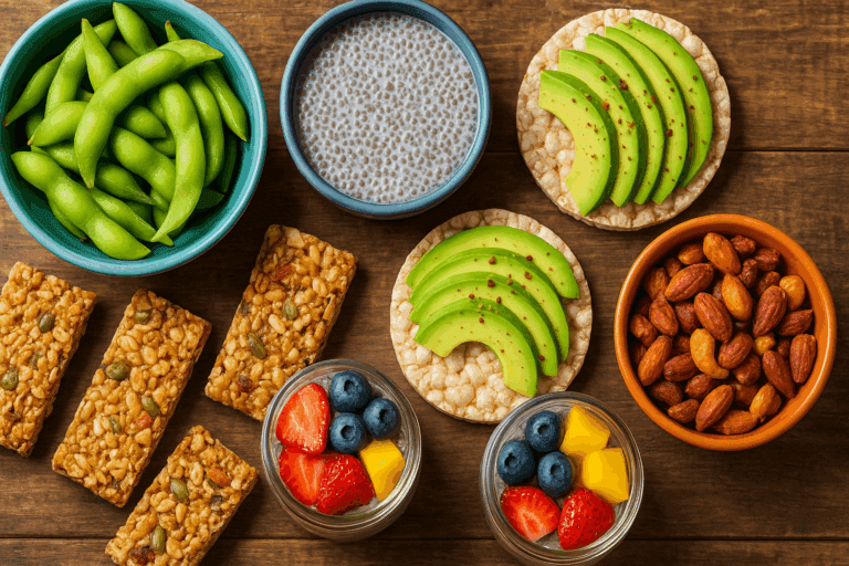 Colorful assortment of healthy vegan snacks including edamame, yogurt parfaits, nut butter apple slices, energy balls, and veggie sticks on a rustic table