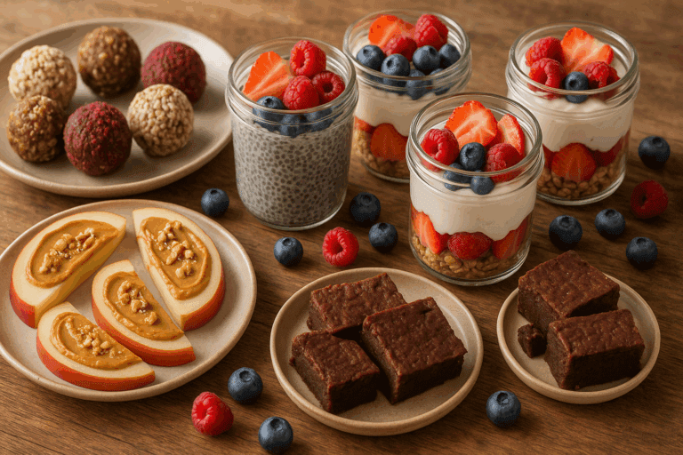 Colorful assortment of sweet snacks for vegans featuring date energy balls, chia pudding with berries, almond butter apple slices, and cacao brownies on a rustic table.