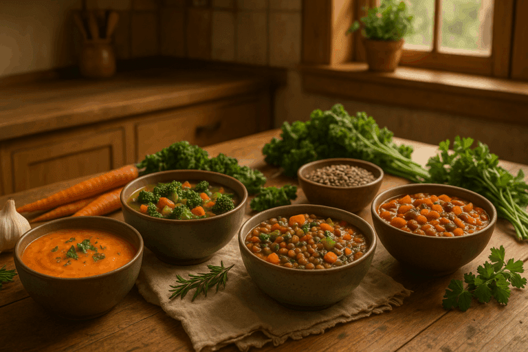 Warm, colorful plant-based soups and stews displayed on a rustic wooden table with fresh vegetables and herbs.