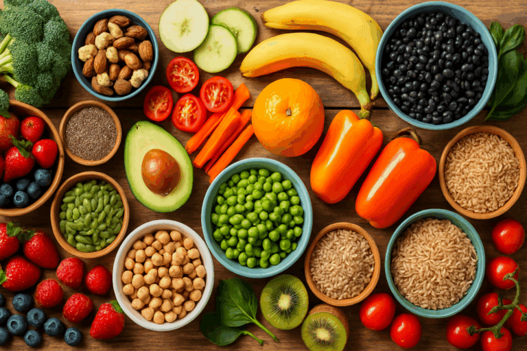 Colorful assortment of fresh fruits, nuts, seeds, legumes, and whole grains displayed on a rustic table, representing the best whole food plant based snacks