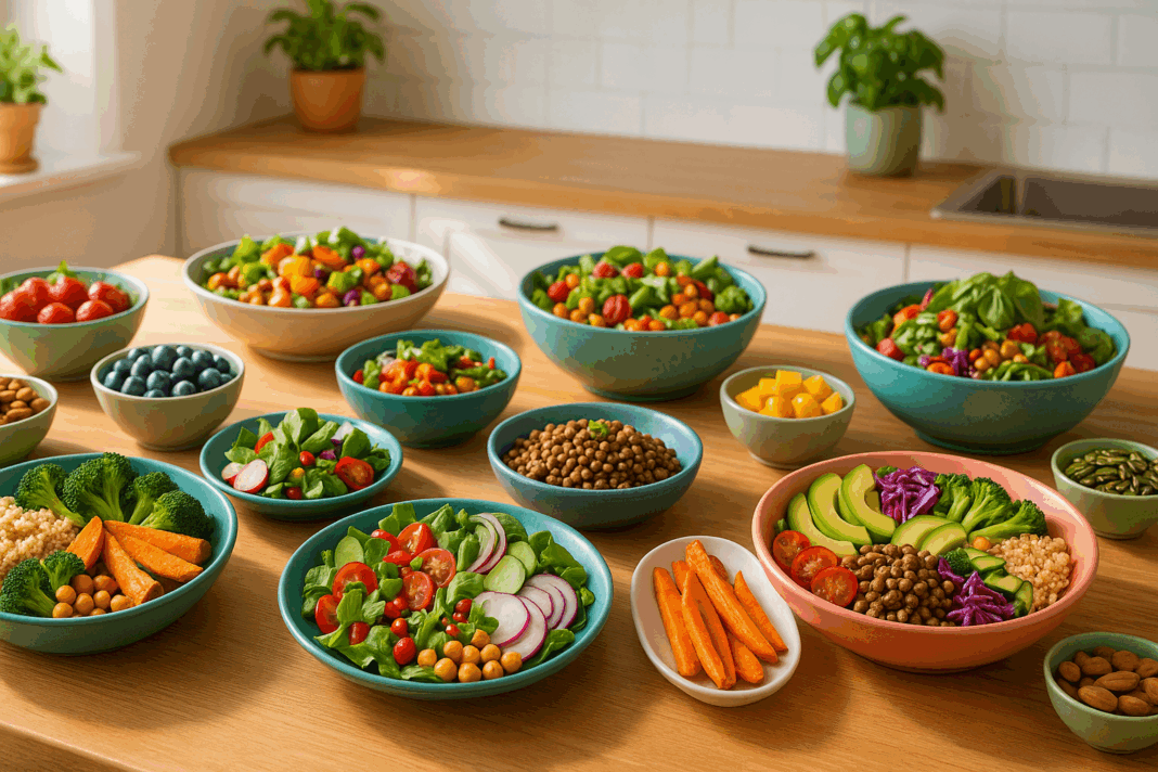 Colorful variety of Plant-Based Lunch Ideas for Weight Loss including grain bowls, salads, legumes, and roasted vegetables on a bright kitchen table