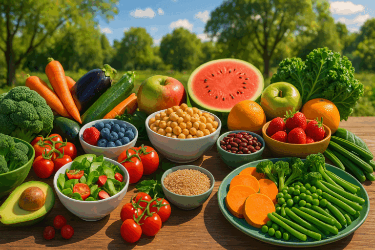 Colorful spread of whole foods including fruits, vegetables, grains, and legumes representing a low fat vegan diet for heart health and weight loss.