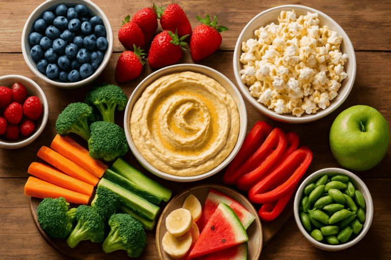 Fresh assortment of colorful vegan snacks like vegetables, fruits, and hummus representing Smart Snacking for Plant-Based Eaters on a rustic table.