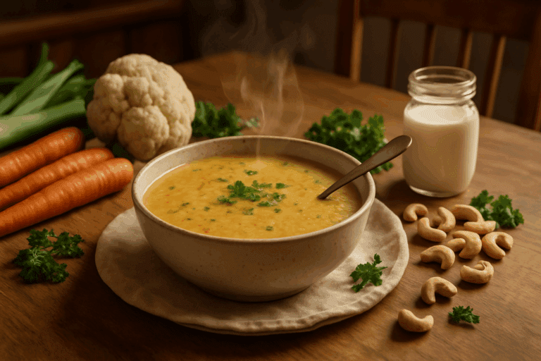 Rustic kitchen table with a steaming bowl of soup surrounded by fresh vegetables, herbs, and plant-based ingredients used in creamy vegan soup recipes