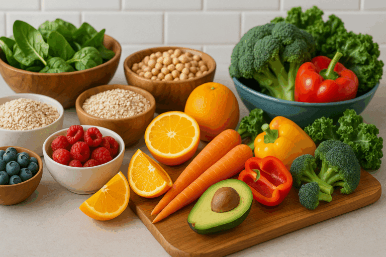 "Colorful assortment of fruits, vegetables, legumes, and grains representing the Best Low Fat Foods for heart health and weight loss."