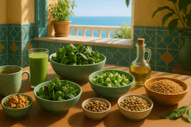 Fresh plant-based meal spread with green tea, Mankai smoothie, walnuts, and legumes on a sunlit table, representing the Green Mediterranean Diet Plan