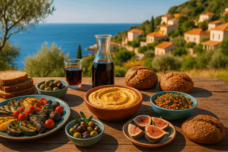 Colorful outdoor table filled with Mediterranean dishes like hummus, olives, grilled vegetables, and whole grains illustrating how to start a Mediterranean diet