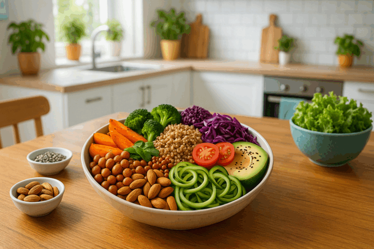 Colorful vegan meal with grains, legumes, vegetables, and seeds on a kitchen table, illustrating the question is a vegan diet healthy long term