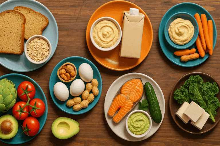 “Various types of dietary restrictions visually represented by gluten-free grains, dairy-free milk, and plant-based meals on a rustic table”