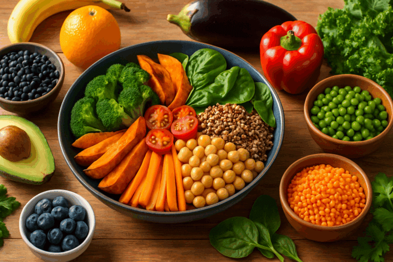 Colorful assortment of whole plant foods including vegetables, legumes, grains, and fruits representing the Plant-Based Diet Pros and Cons