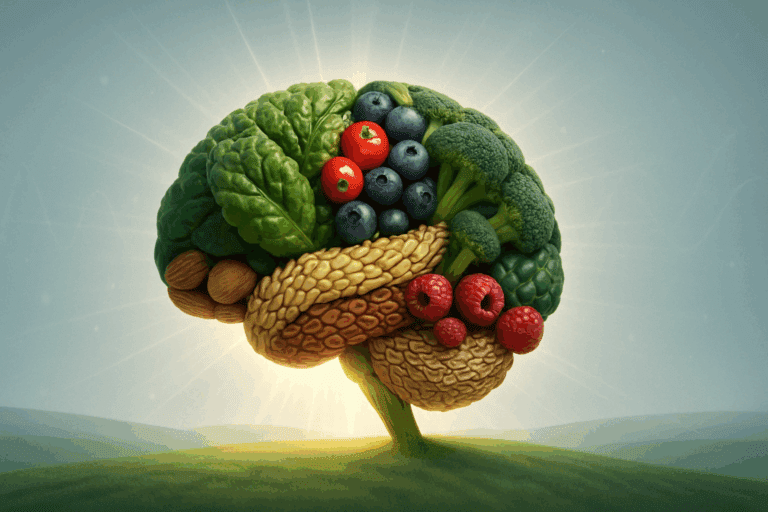 Selection of brain-boosting foods like berries, nuts, leafy greens, and whole grains arranged on a table to illustrate how does diet affect focus.