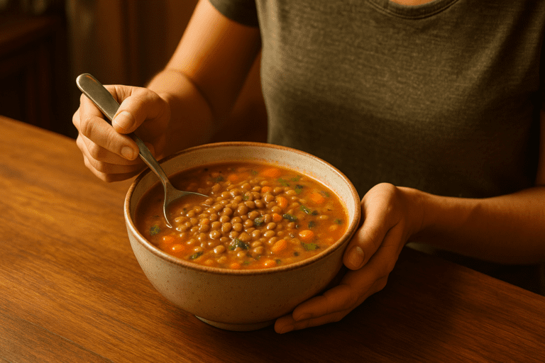 A photograph showcases a ceramic bowl filled with hearty lentil soup, held in both hands over a wooden table under warm indoor ambient lighting. The soft glow enhances the visual appeal of the plant-based meal, emphasizing whole-body nourishment in a cozy, inviting home environment.