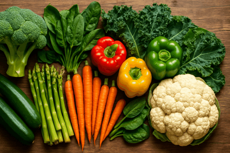 Colorful assortment of low-fat veggies that burn belly fat arranged on a rustic wooden table, including broccoli, spinach, carrots, and bell peppers.