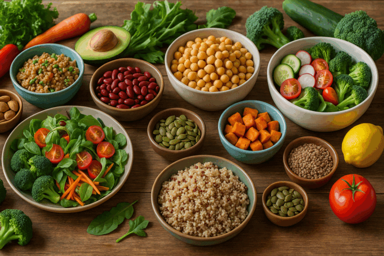 Colorful spread of plant-based meals including grains, legumes, fruits, and vegetables, representing themes discussed in healthy food articles
