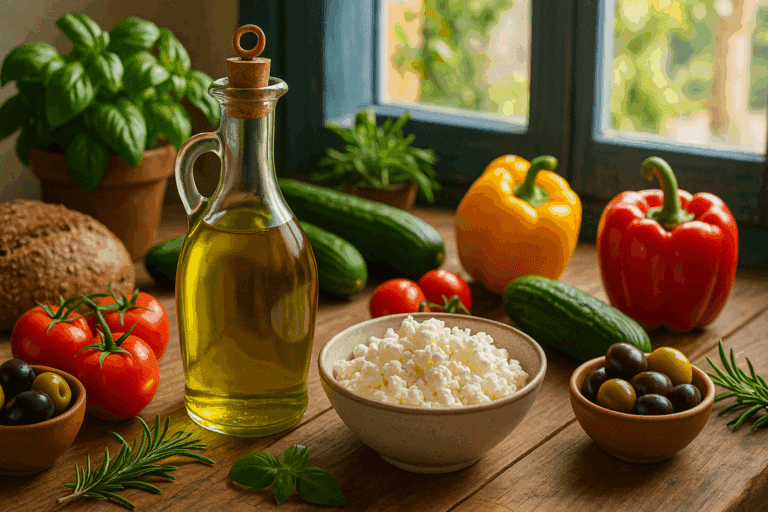Fresh whole plant-based foods including leafy greens, legumes, tofu, and grains on a kitchen counter, illustrating how to lose weight on a vegan diet.