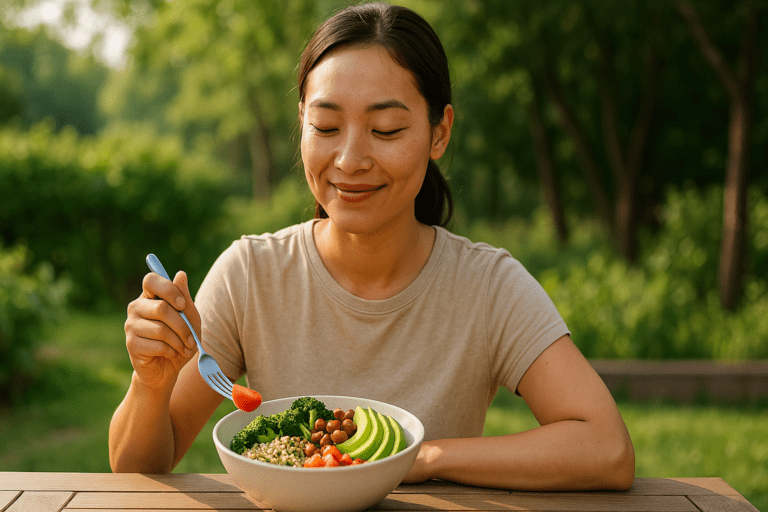 A high-resolution photograph captures a young Asian woman seated at an outdoor table in a peaceful garden setting, enjoying a colorful vegan salad under soft morning sunlight. The vibrant plant-based meal, fresh greenery, and gentle natural lighting convey a mood of calm energy and wellness.