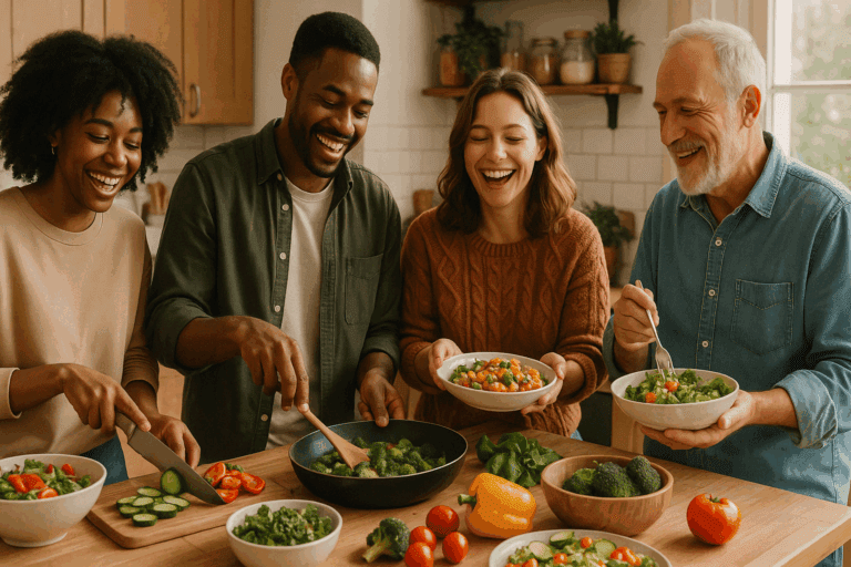 Colorful meal spread featuring legumes, whole grains, vegetables, and olive oil, representing a low glycemic Mediterranean diet.