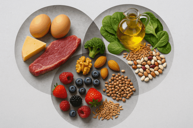 Colorful table of whole foods including vegetables, grains, and legumes, visually representing what is the best healthy eating plan for weight loss.