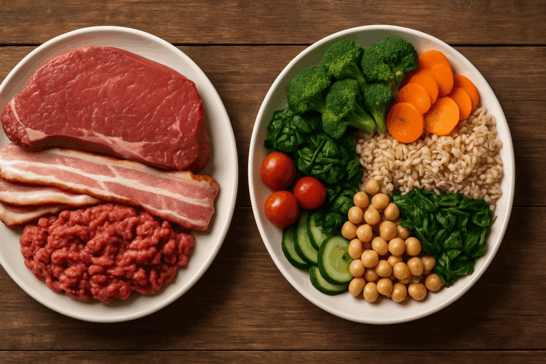 Plate filled with grilled steak, bacon, and sausage arranged beside leafy greens, illustrating the question is a meat diet healthy.
