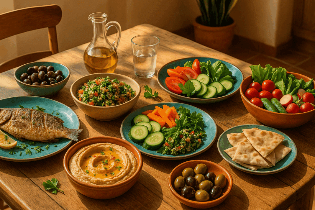 Colorful table spread with grilled fish, hummus, olives, vegetables, and whole grains showcasing healthy Mediterranean meal ideas