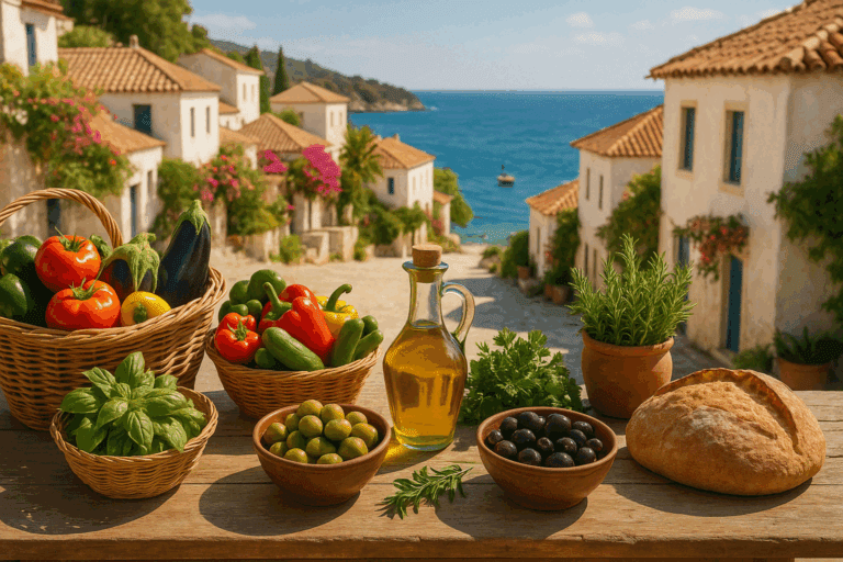 Traditional Mediterranean meal on a coastal table with olives, vegetables, and olive oil, illustrating what is the Mediterranean ritual for weight loss