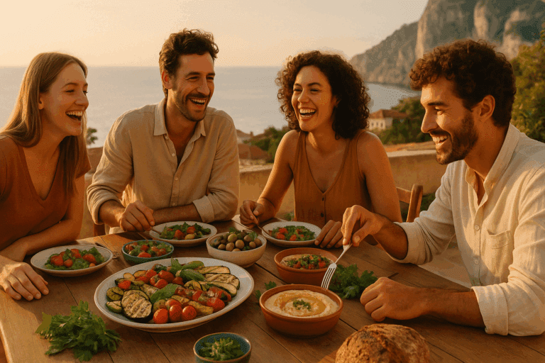 Mediterranean coastal meal with vegetables, legumes, and olive oil highlighting the most efficient weight loss lifestyle