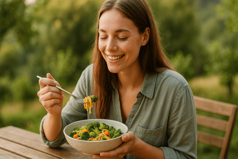 A young Caucasian woman with long brown hair sits at a rustic outdoor table, enjoying a colorful, low-calorie vegan dinner surrounded by lush greenery in soft natural morning light. The scene evokes a peaceful and healthy lifestyle, perfect for plant-based diet inspiration.