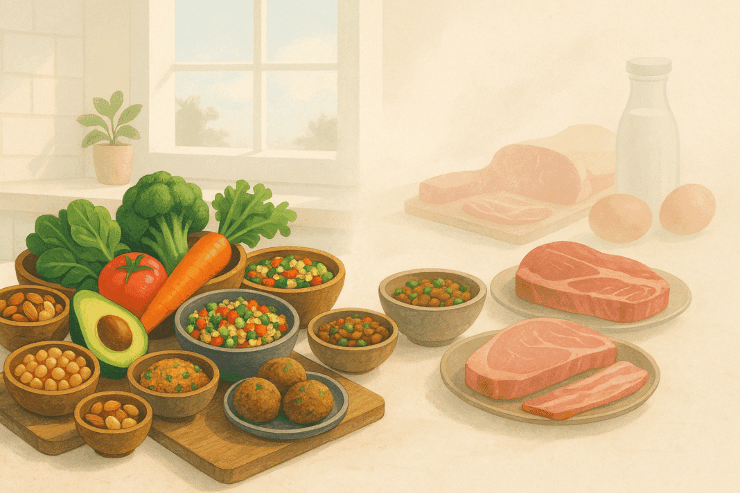 Balanced meal comparison showing whole plant-based foods versus processed vegetarian options, illustrating vegetarian diet pros and cons