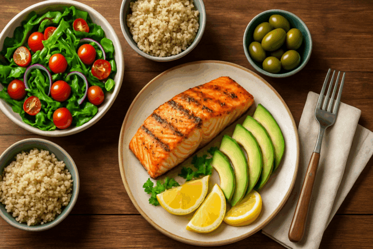 Colorful pescatarian diet meal with grilled salmon, fresh salad, quinoa, avocado, and lemon slices on a rustic table