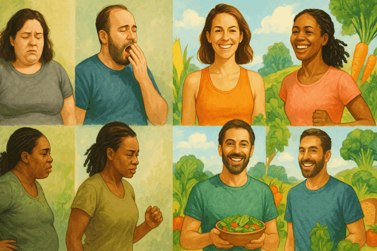 Healthy individuals showcasing visible improvements in energy, fitness, and wellness as part of a whole food plant based diet before and after transformation