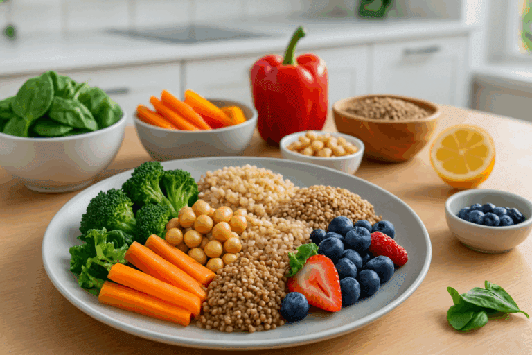 "Colorful plant-based meal featuring vegetables, legumes, and grains designed for a low calorie diet for weight loss"