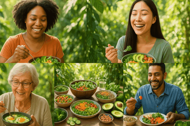 Plates showing meals for the different types of vegetarians, including dairy, eggs, legumes, grains, and vegetables arranged in visual segments.