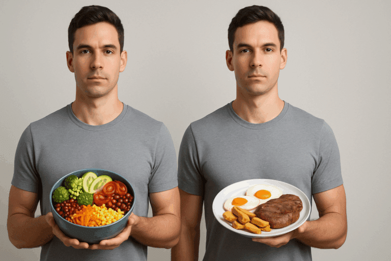 Identical twins holding contrasting meals in a clinical setting, illustrating the vegan twin study on diet and health outcomes.